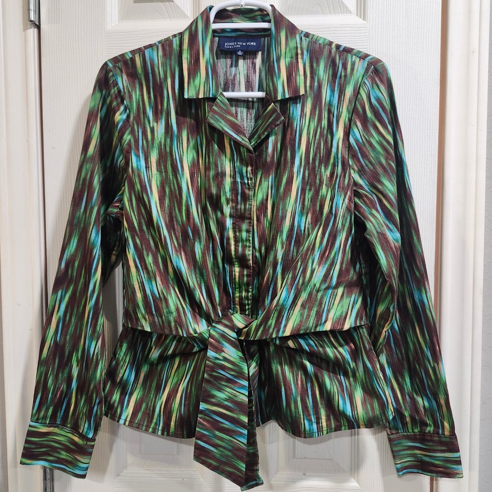 Jones New York Signature Green Abstract Print Tie Front Cotton Blouse Womens M